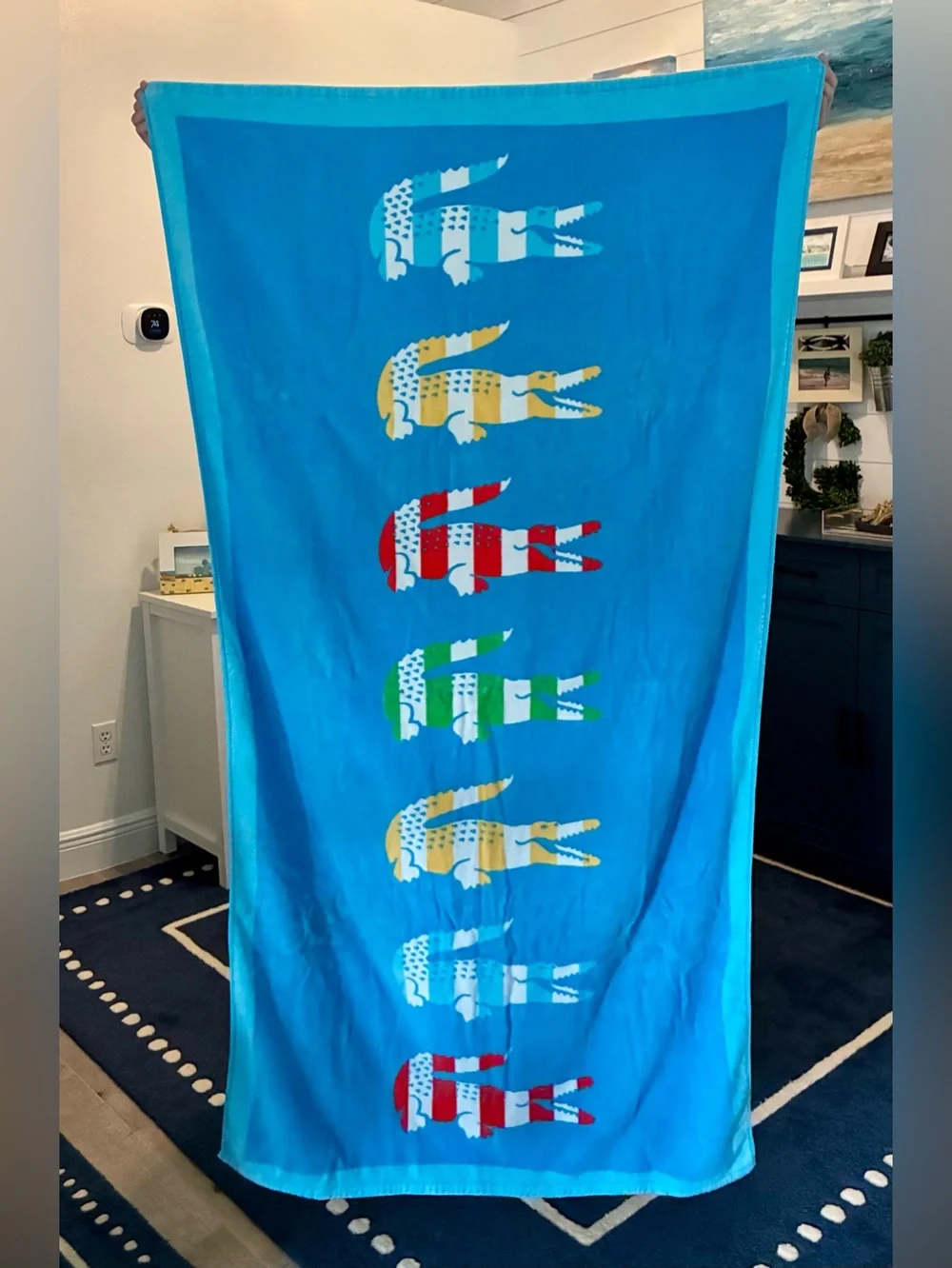 3 Lacoste XL Beach Towels - 1 red/navy, 1 blue/aqua, 1 pink - EUC